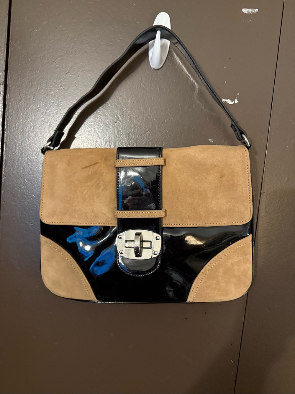 White House Black Market Black Patent and Tan Suede Shoulder Bag